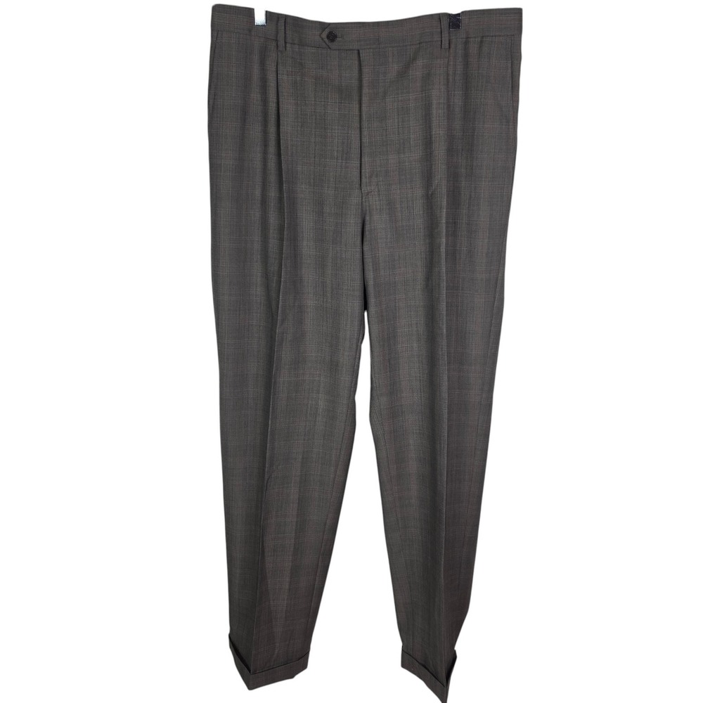 Hart Schaffner Marx Dress Pants Mens 36x33 Gray Plaid Wool Pleated Cuffed